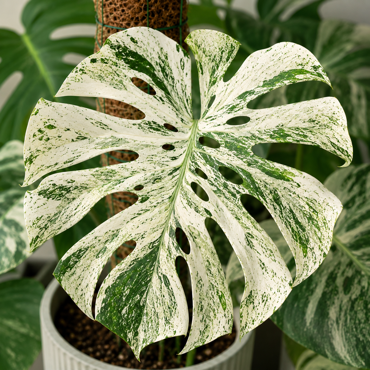 Monstera deliciosa White Monster s výraznou bílou variegací na velkém fenestrovaném listu. List kombinuje rozsáhlé bílé plochy s tmavě zeleným mramorováním a roste na mechové opoře v interiéru.